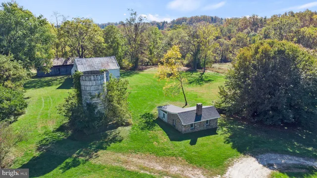 a view of a wooden house with a yard and large trees