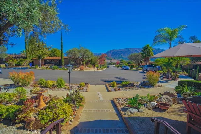 an outdoor space with furniture
