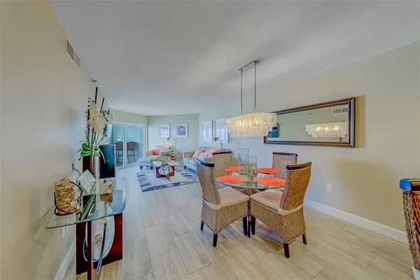 a view of a dining room with furniture