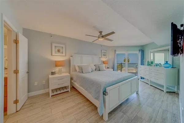 a bedroom with a large bed and a flat screen tv