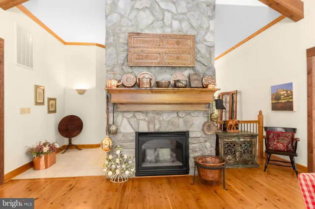 a living room with furniture a fireplace and flat screen tv