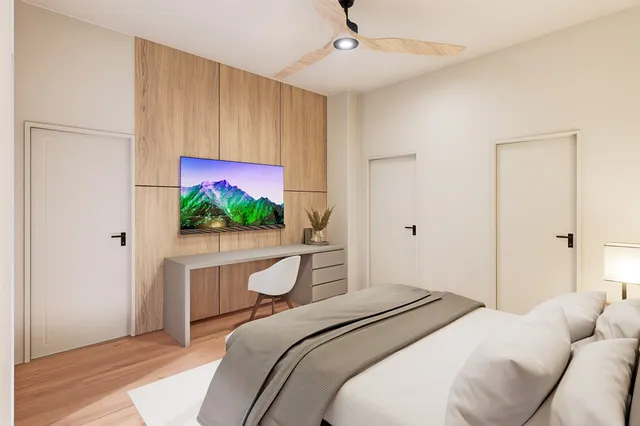 a bedroom with a bed lamp and a large window with outer view