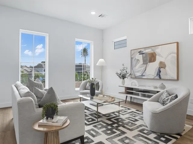 a living room with furniture and a potted plant