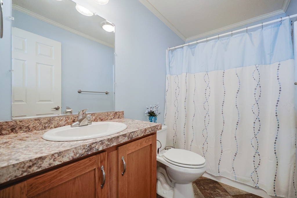 12 Linsay Drive Raynham, MA 02767 - Photo 15 of 28 a bathroom with a granite countertop sink toilet and a mirror