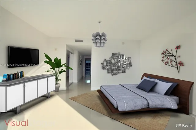a spacious bedroom with a bed and a flat screen tv