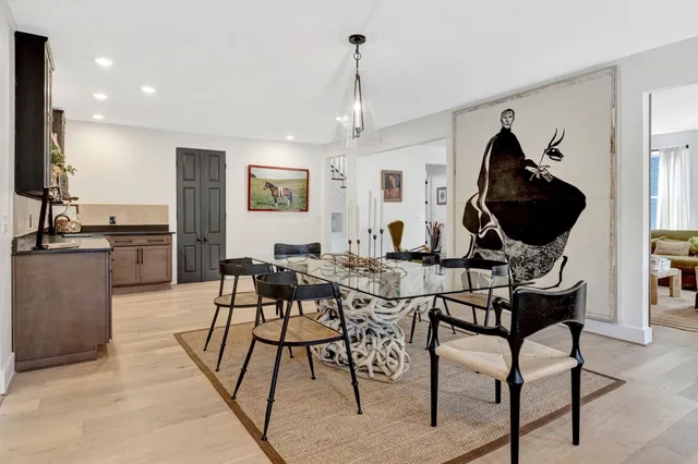a view of a dining room with furniture