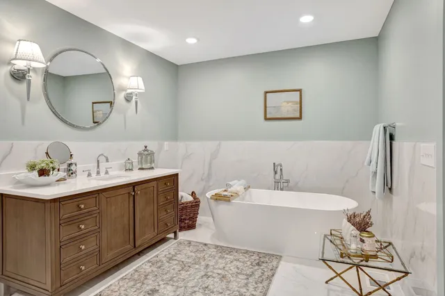 a view of a bathtub in a bathroom