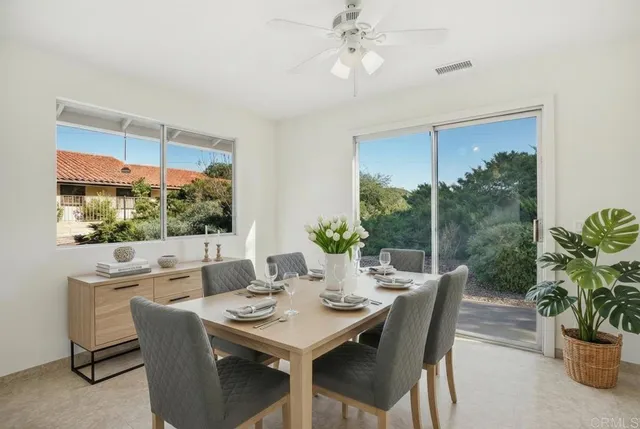 a view of a dining room with furniture window and outside view