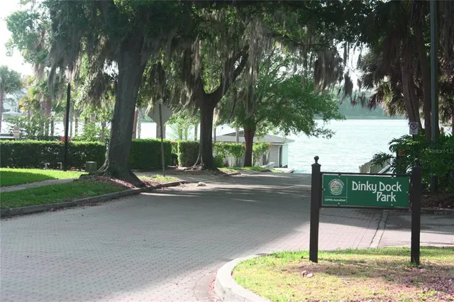 a view of a park with large trees