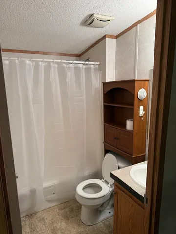 a bathroom with a toilet and a shower curtain
