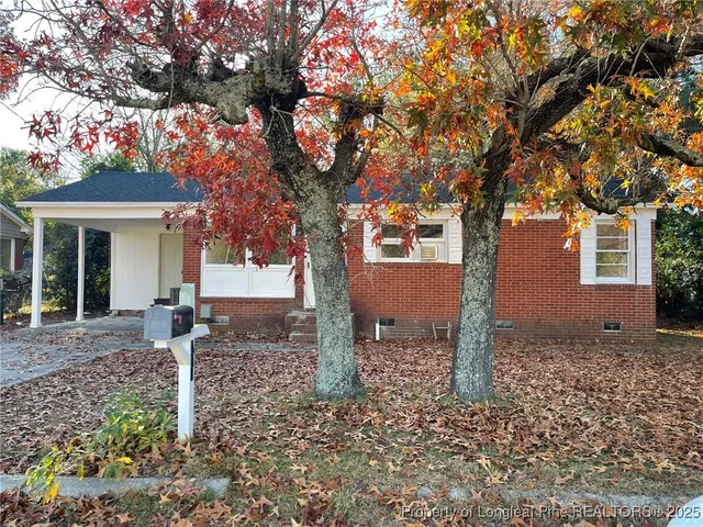 a view of a backyard with potted plants and large tree