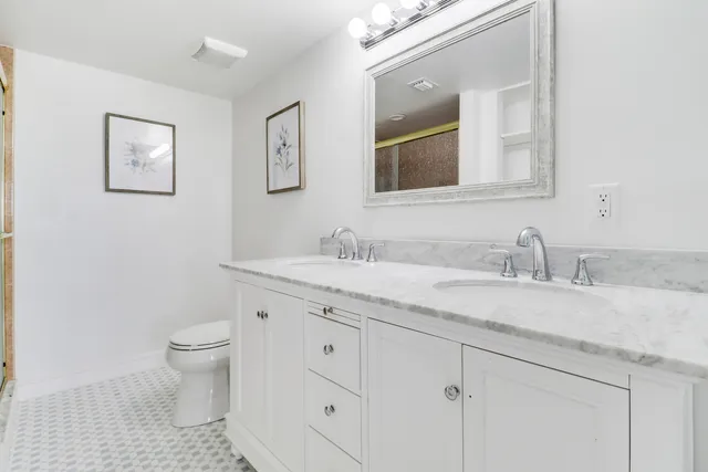 an aerial view of a house with swimming pool and large trees