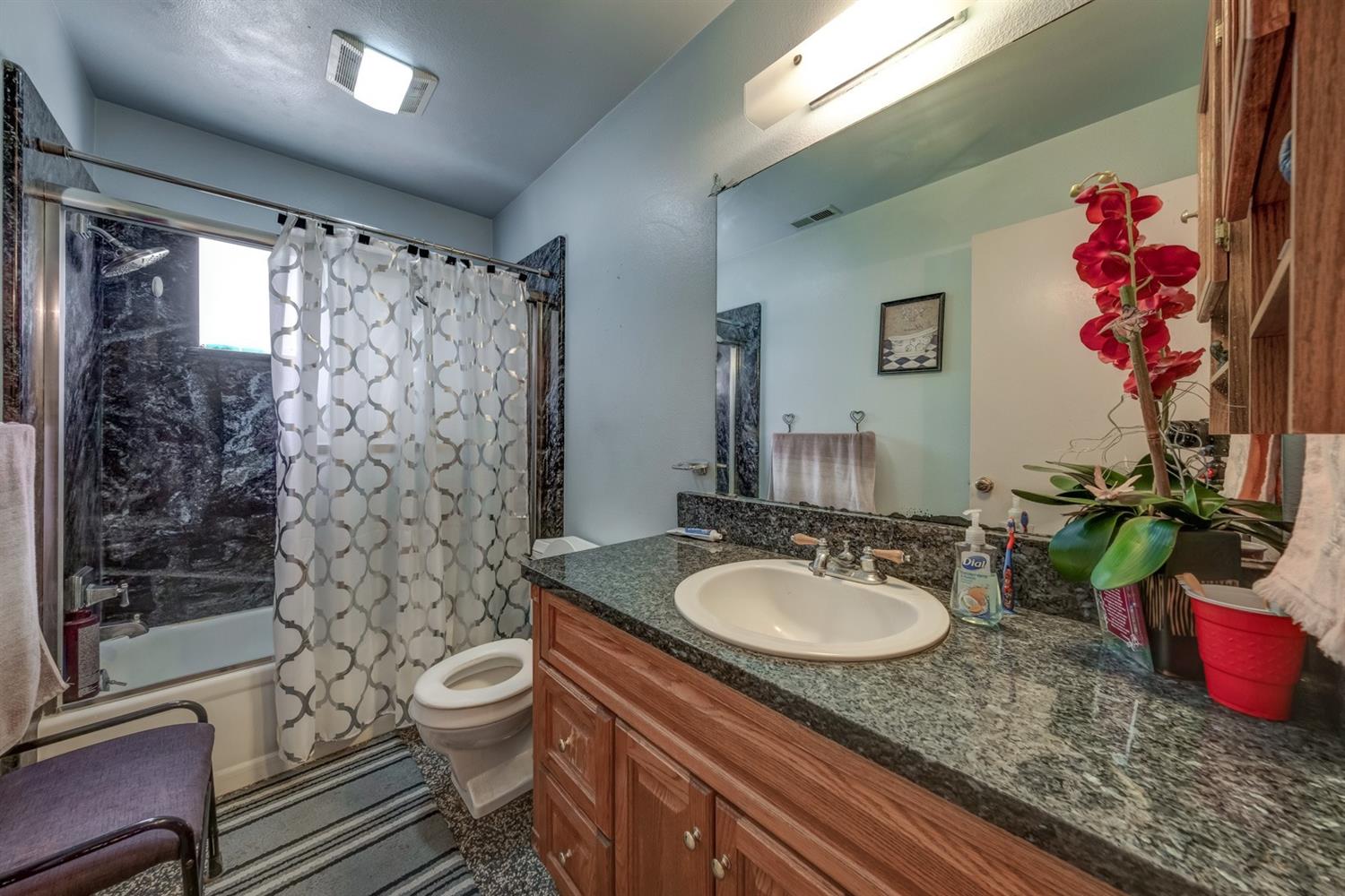 17609 Rodeo Drive Madera, CA 93638 - Photo 17 of 31 Granite Counters, pebble stone flooring, shower/tub enclosed.