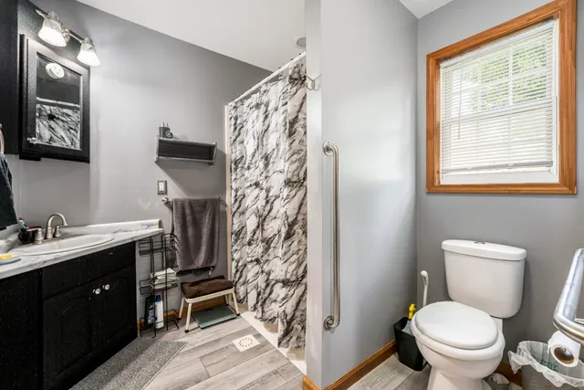 a bathroom with a toilet sink and mirror