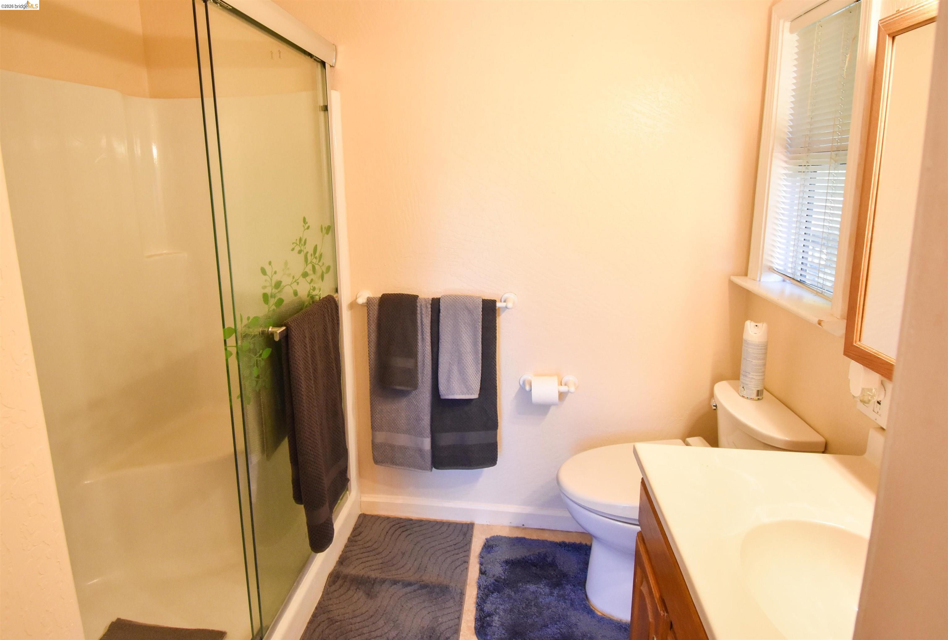 13904 Tuolumne Road Sonora, CA 95370 - Photo 26 of 44 Bathroom featuring a white shower stall with glass enclosure, single vanity with integrated sink, wood-finish cabinetry, and a window with white blinds