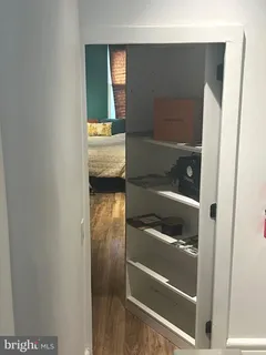 a bathroom with a walk in closet