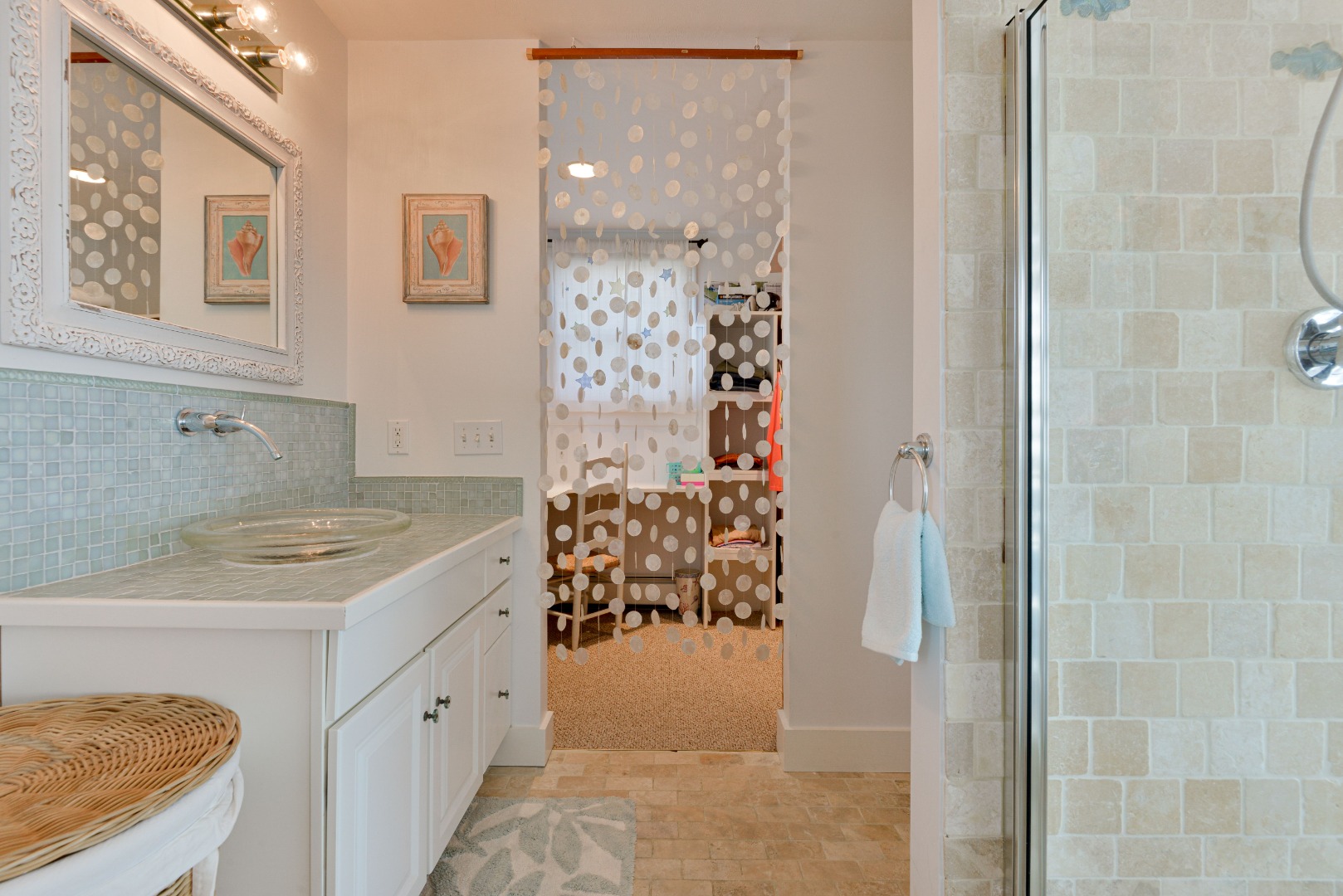 56 R Madequecham Valley Road Nantucket, MA 02554 - Photo 40 of 52 a bathroom with a granite countertop shower a sink and a mirror