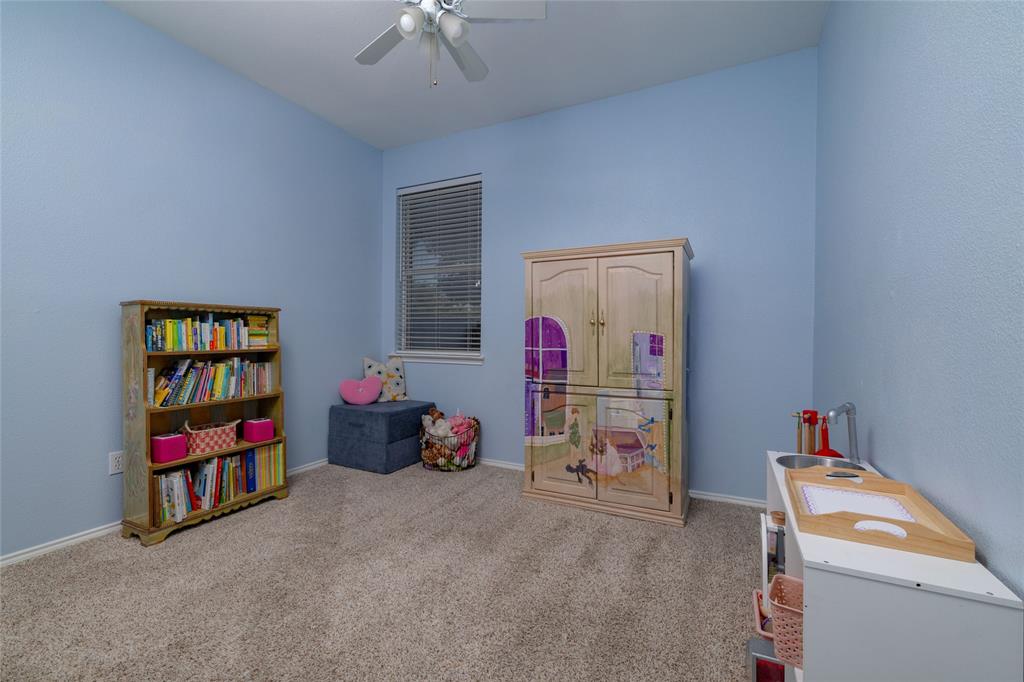 4025 Chisos Rim Trail Fort Worth, TX 76244 - Photo 28 of 40 Room featuring light blue walls, a window with horizontal blinds, and a ceiling fan with integrated lighting