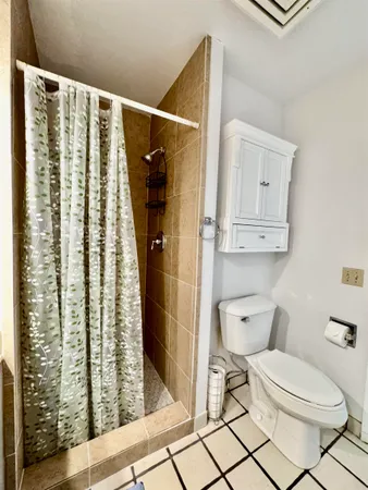 a bathroom with a toilet and a shower curtain