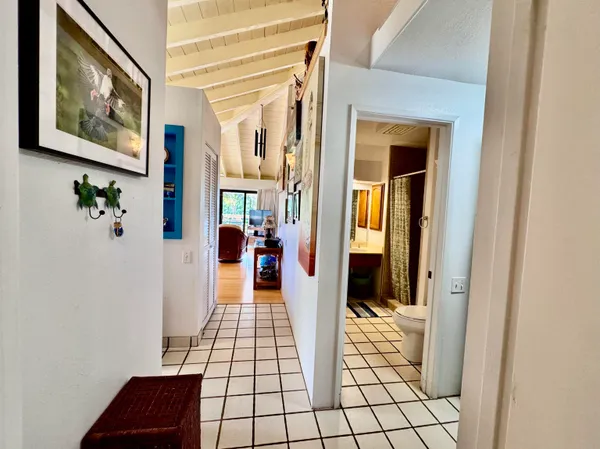 a hallway with painting on the wall and a potted plant