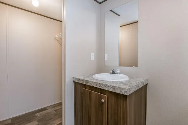 a bathroom with a granite countertop sink and a mirror