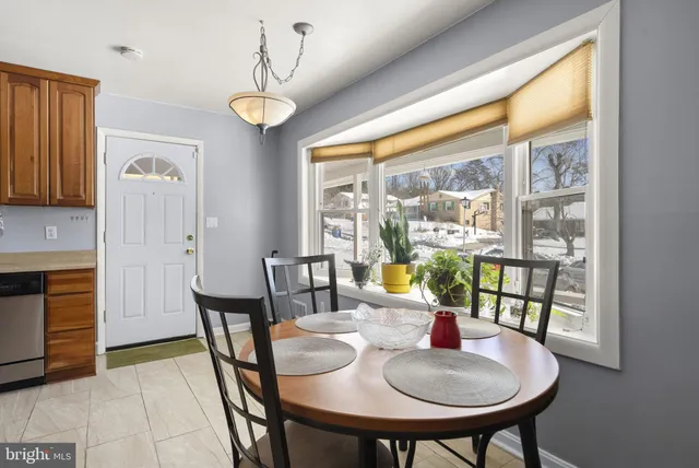 a view of a dining room with furniture window and outside view