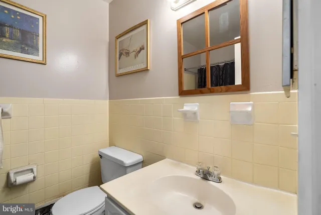 a bathroom with a sink mirror and toilet
