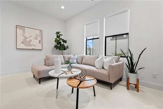 a living room with furniture and a potted plant