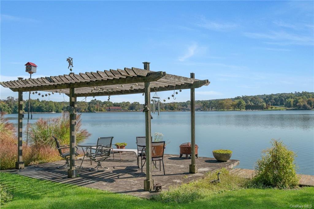 a front view of a lake with sitting area