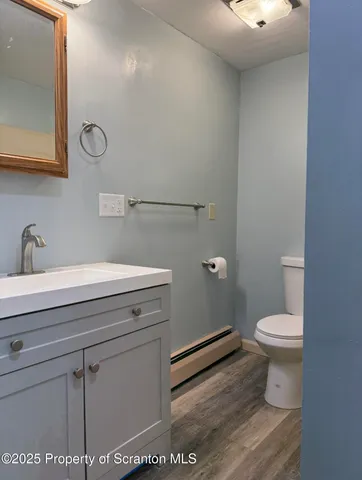 a bathroom with a toilet a sink and wooden floor