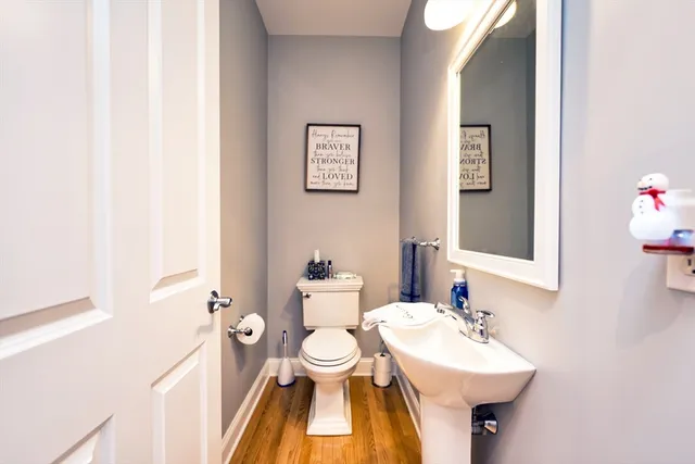 a bathroom with a sink mirror and toilet