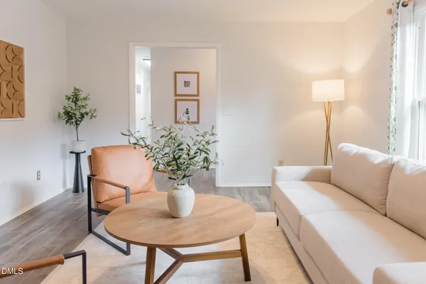 a living room with furniture and a potted plant