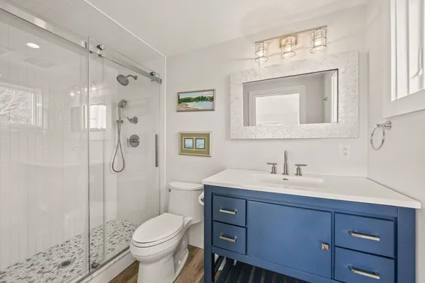 a bathroom with a sink toilet vanity and shower