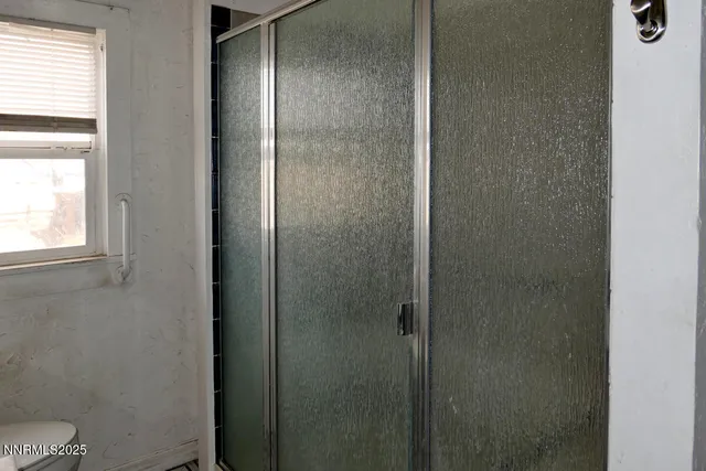 a bathroom with a shower and toilet