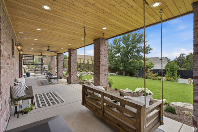 12308 Mariah Circle Draper, UT 84020 - Photo 236 of 293 Guest House Expansive covered patio featuring a wood-panel ceiling, recessed lighting, and brick columns