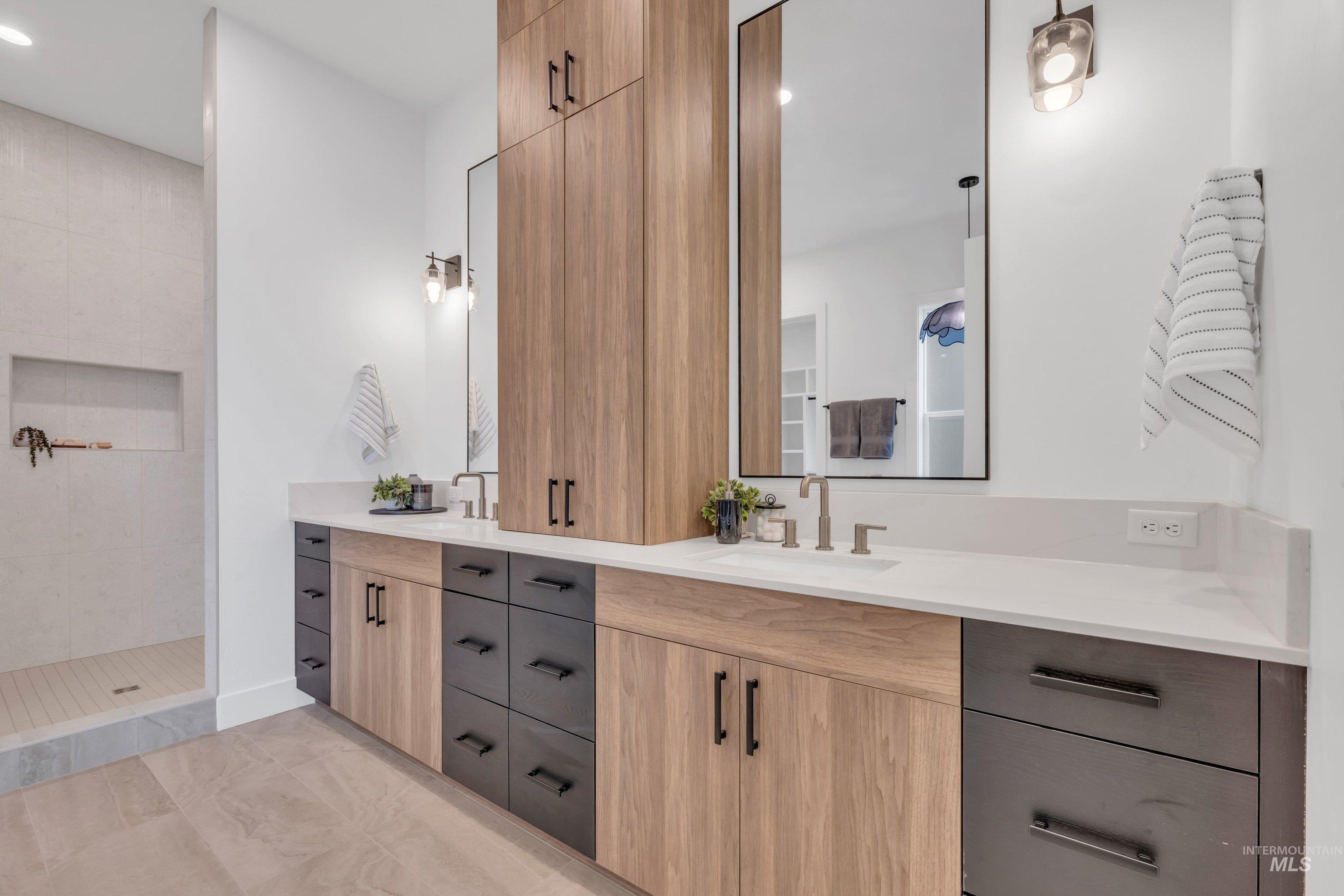 24871 Ardmore Court Caldwell, ID 83607 - Photo 38 of 44 Bathroom with double vanity, walk in shower, and recessed lighting