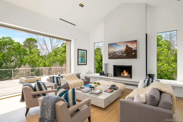 a living room with furniture a fireplace and a large window