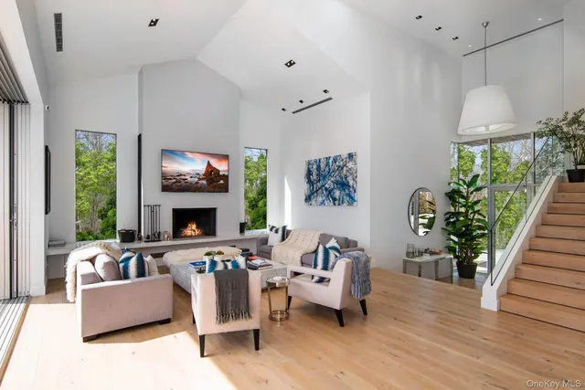 a living room with furniture a fireplace and a potted plant