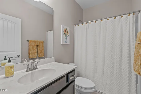 a bathroom with a sink a toilet and shower curtain