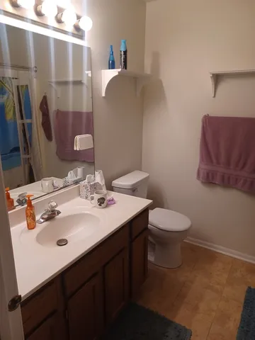 a bathroom with a sink mirror vanity and toilet