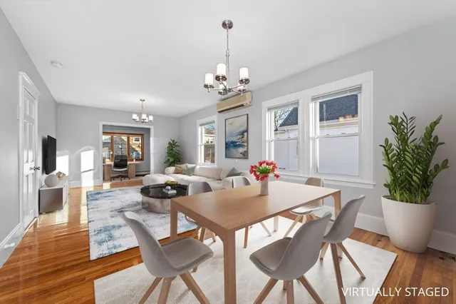 a view of a dining room with furniture window and wooden floor