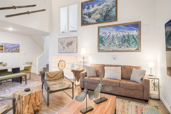 a view of a dining room with furniture