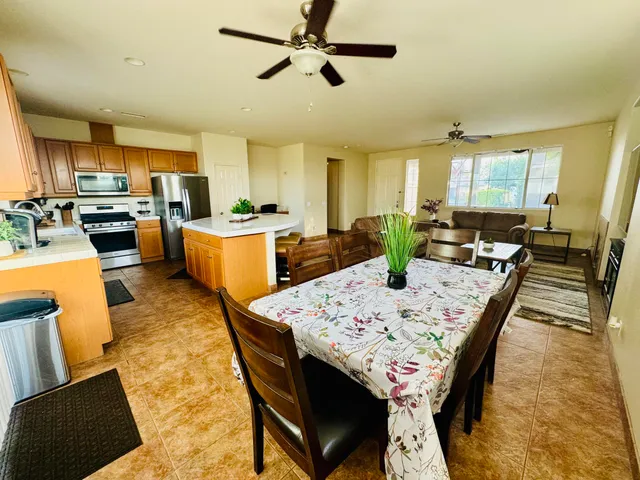 a view of a dining room with furniture