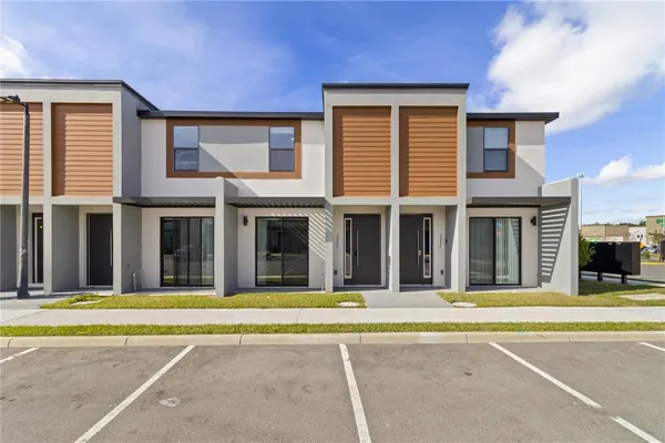 a view of a brick building with a large windows