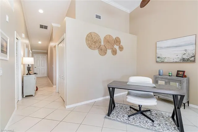 a workspace with furniture and a table