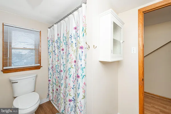 a bathroom with a toilet and shower curtain