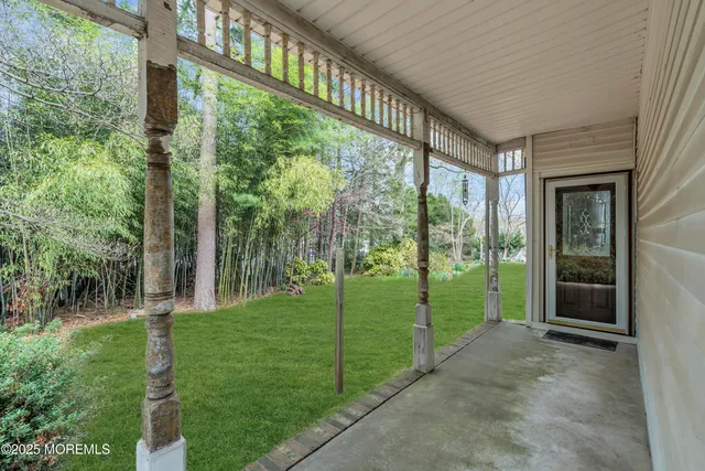 a view of a park with large trees