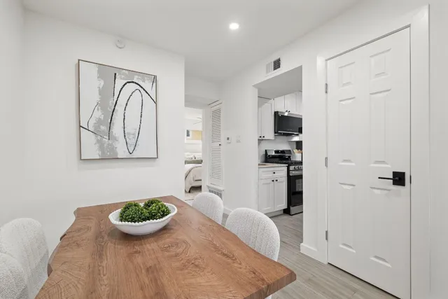 a view of a kitchen and dining room