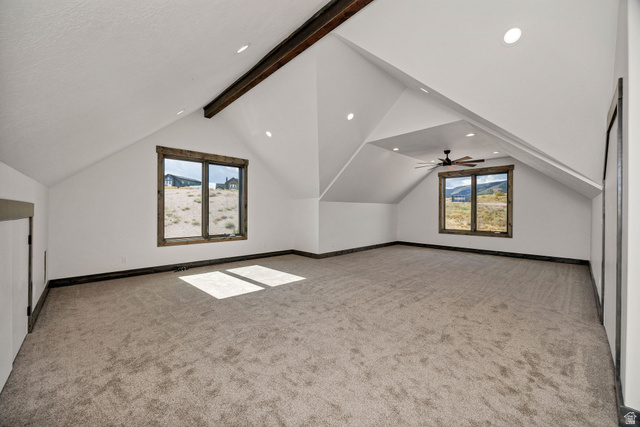 300 Knoll Loop, Unit 227 Fish Haven, ID 83287 - Photo 23 of 56 Bonus room featuring light colored carpet, beam ceiling, and recessed lighting