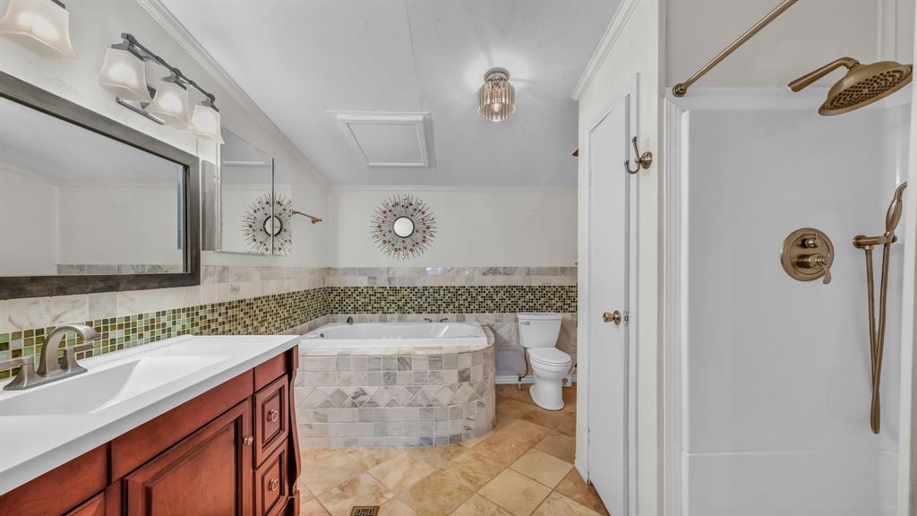 1240 Riverview Road Millsap, TX 76066 - Photo 29 of 36 a bathroom with a granite countertop sink a mirror and shower